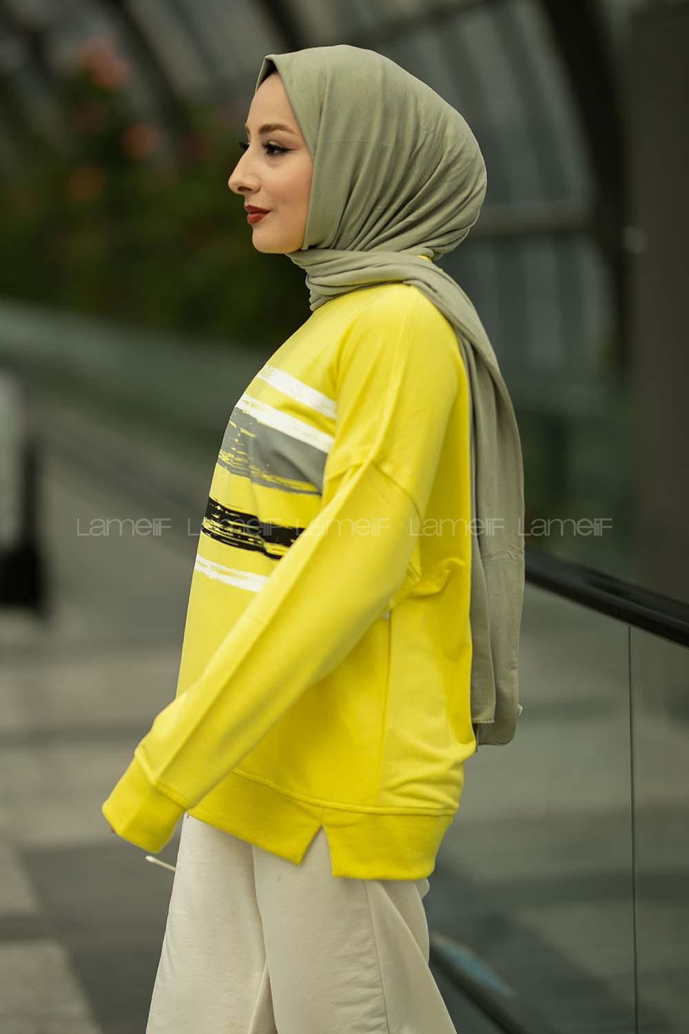 Modalamelif Marıquıta Yazılı Fırça Desenli Bisiklet Yaka Bertie Sweat Sarı