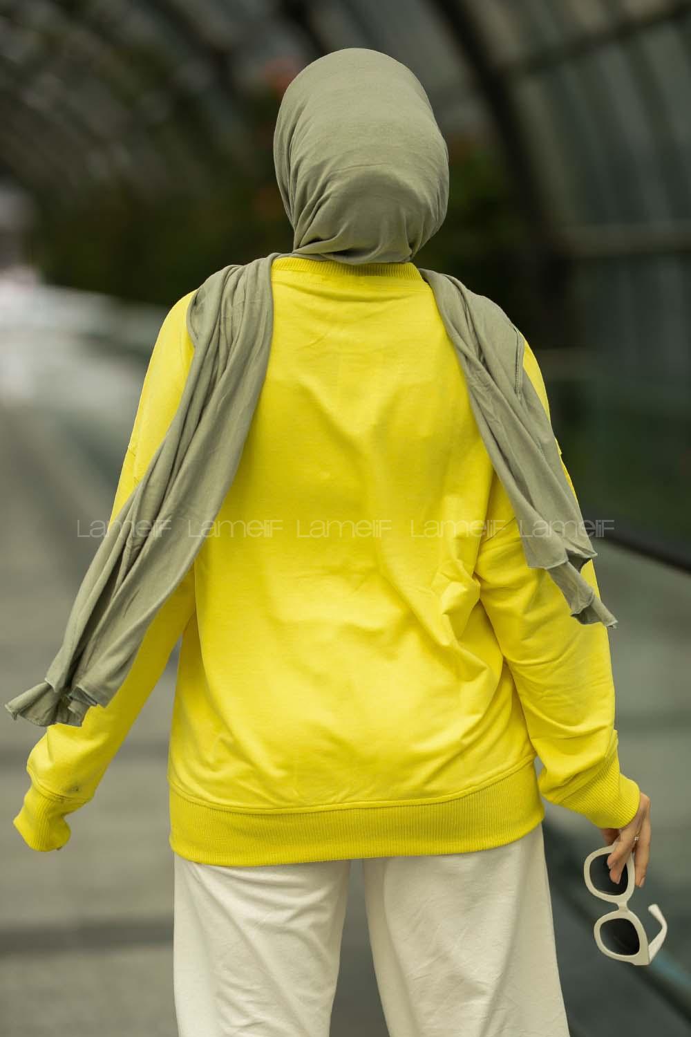 Modalamelif Marıquıta Yazılı Fırça Desenli Bisiklet Yaka Bertie Sweat Sarı