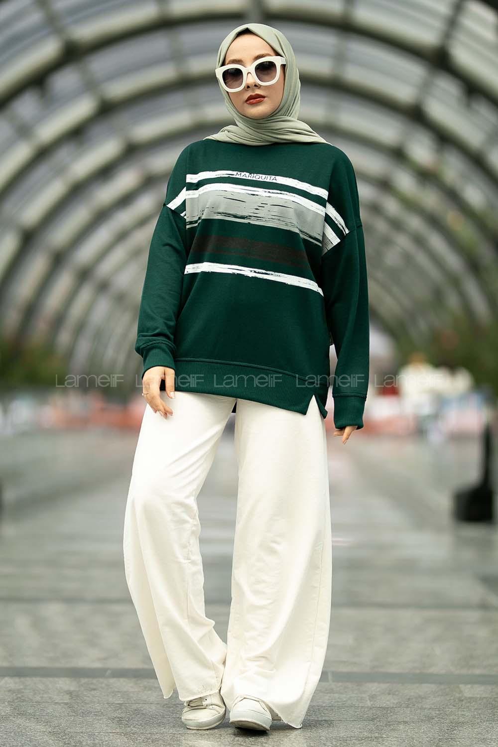 Modalamelif Marıquıta Yazılı Fırça Desenli Bisiklet Yaka Bertie Sweat Zümrüt