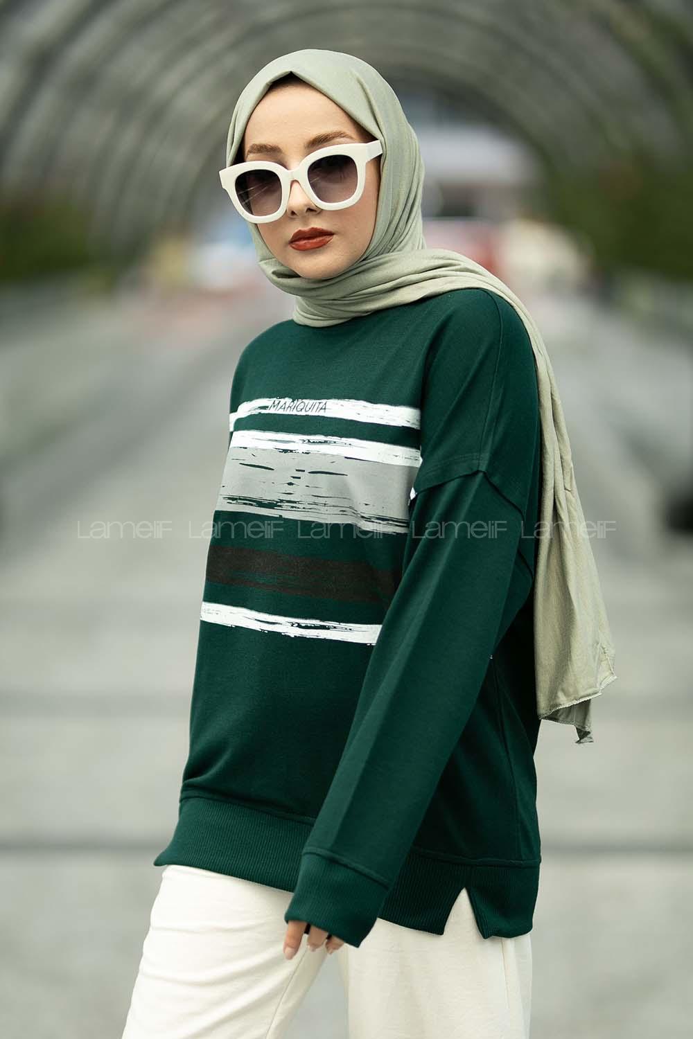 Modalamelif Marıquıta Yazılı Fırça Desenli Bisiklet Yaka Bertie Sweat Zümrüt