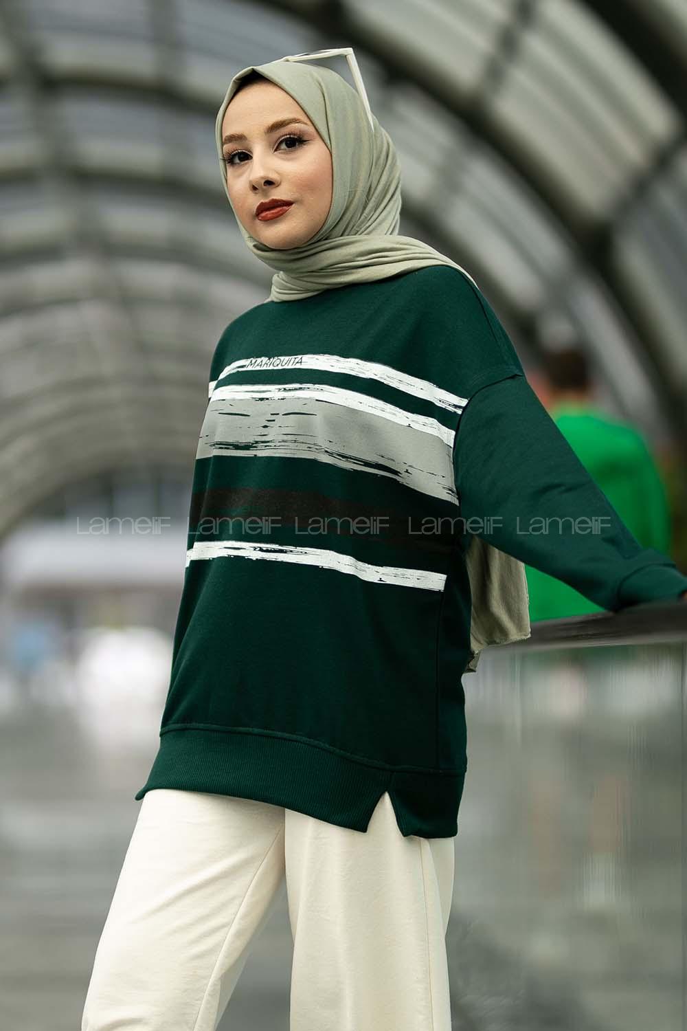 Modalamelif Marıquıta Yazılı Fırça Desenli Bisiklet Yaka Bertie Sweat Zümrüt