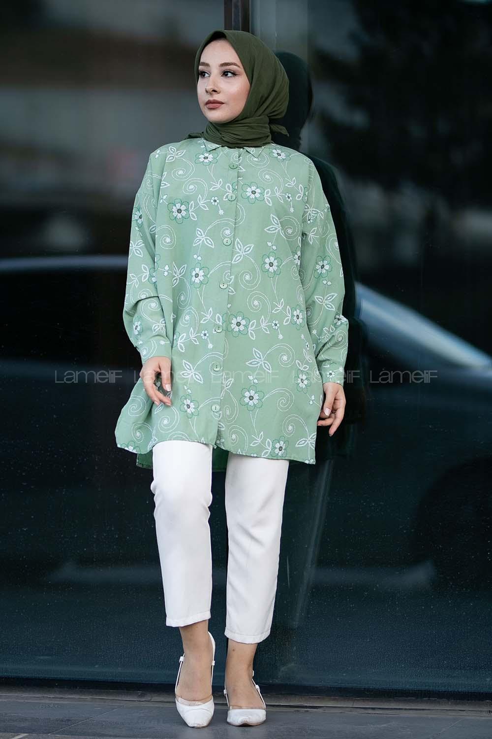 Modalamelif Önü Boydan Düğmeli Çiçek Desenli Yırtmaçlı Tunik Gömlek Çağla Yeşili