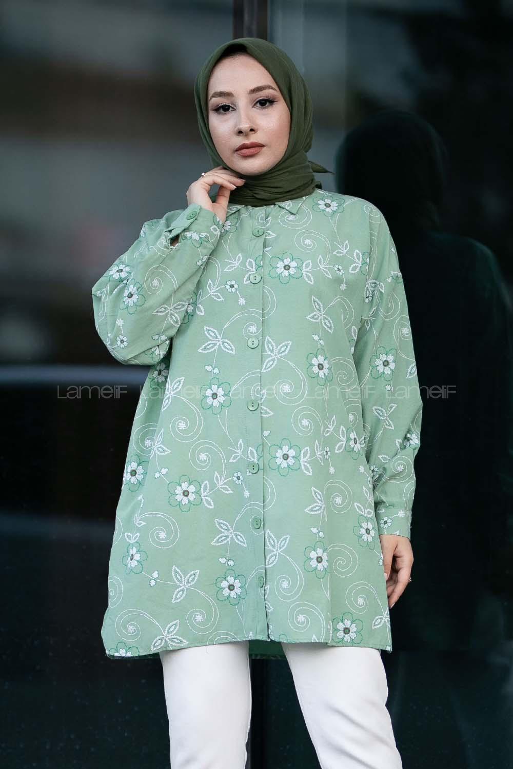 Modalamelif Önü Boydan Düğmeli Çiçek Desenli Yırtmaçlı Tunik Gömlek Çağla Yeşili