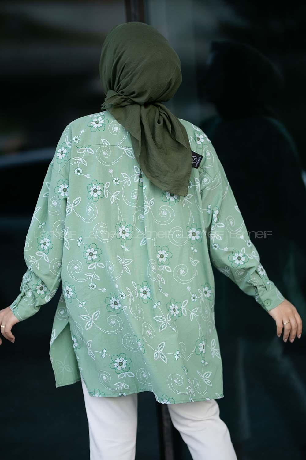 Modalamelif Önü Boydan Düğmeli Çiçek Desenli Yırtmaçlı Tunik Gömlek Çağla Yeşili