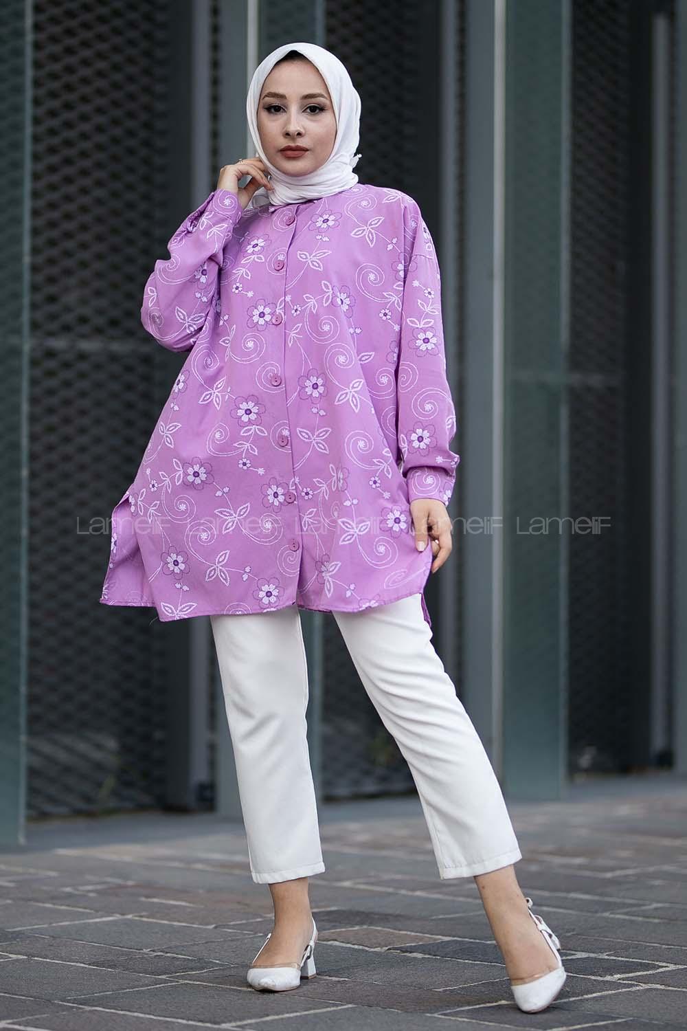 Modalamelif Önü Boydan Düğmeli Çiçek Desenli Yırtmaçlı Tunik Gömlek Lila