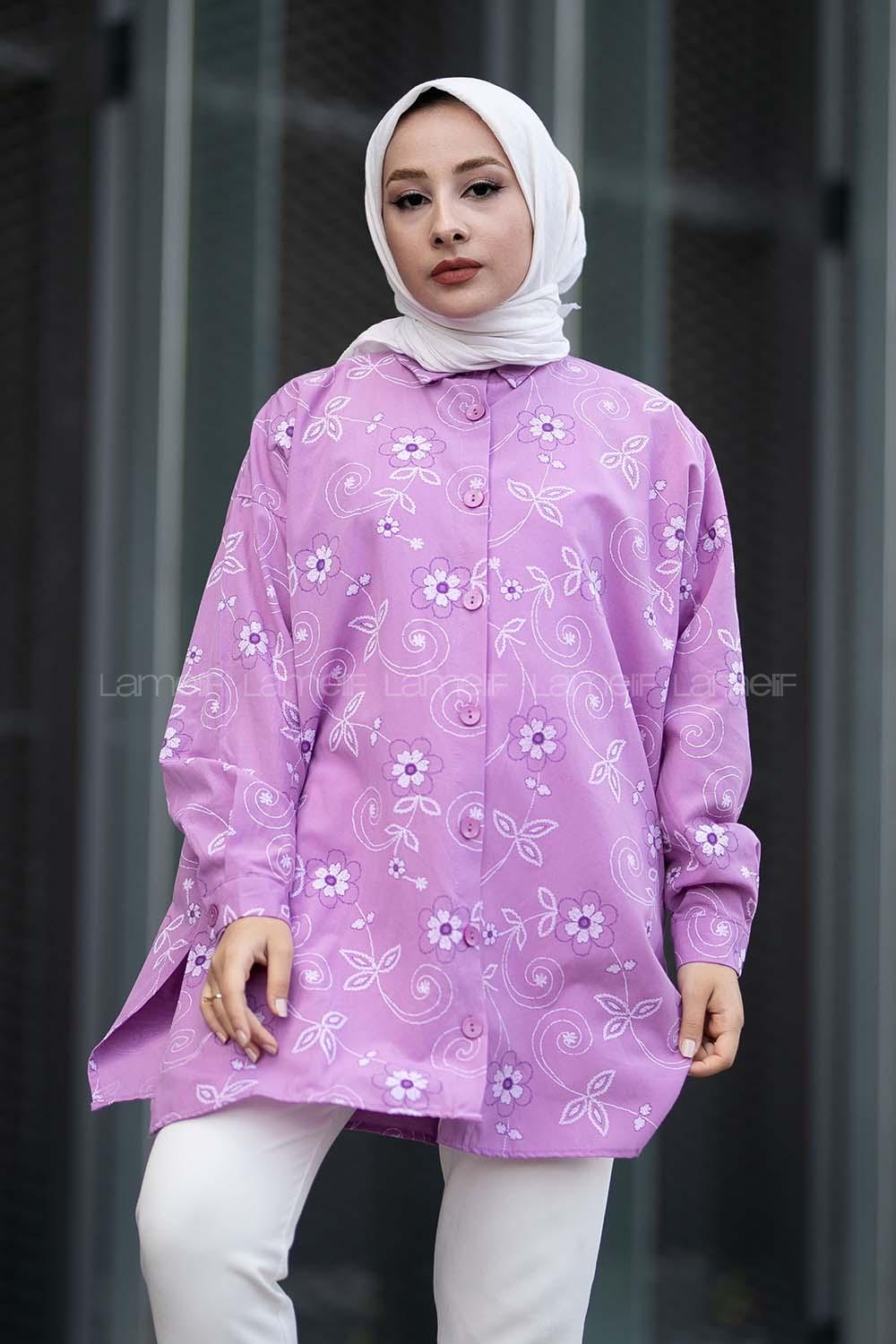 Modalamelif Önü Boydan Düğmeli Çiçek Desenli Yırtmaçlı Tunik Gömlek Lila