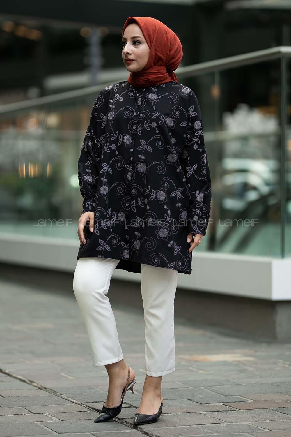 Modalamelif Önü Boydan Düğmeli Çiçek Desenli Yırtmaçlı Tunik Gömlek Siyah