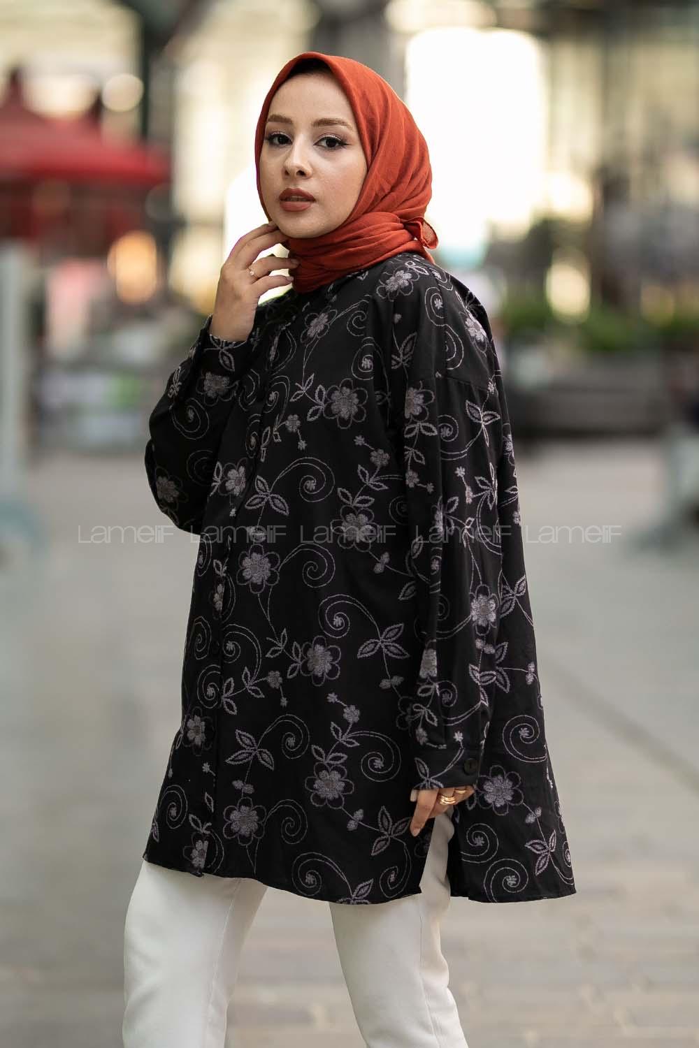 Modalamelif Önü Boydan Düğmeli Çiçek Desenli Yırtmaçlı Tunik Gömlek Siyah