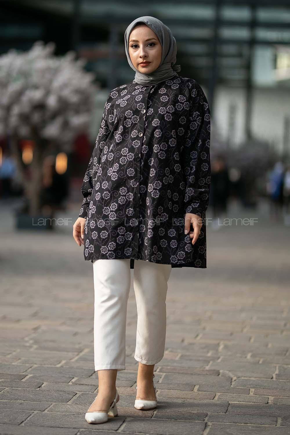 Modalamelif Önü Boydan Düğmeli Çiçek Desenli Yırtmaçlı Tunik Gömlek Siyah