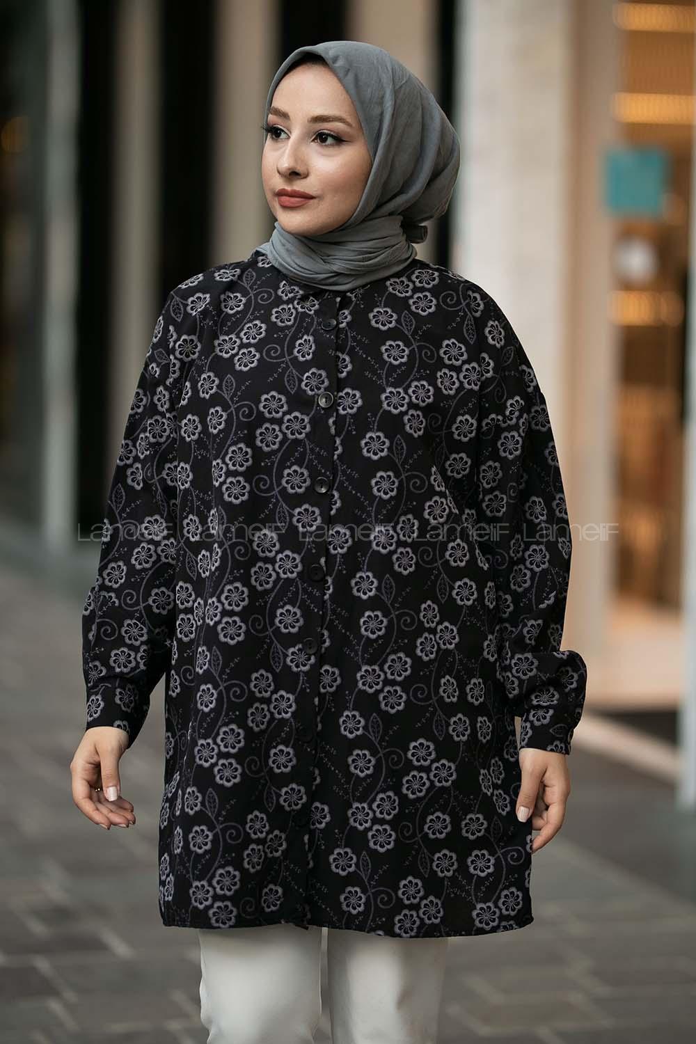 Modalamelif Önü Boydan Düğmeli Çiçek Desenli Yırtmaçlı Tunik Gömlek Siyah