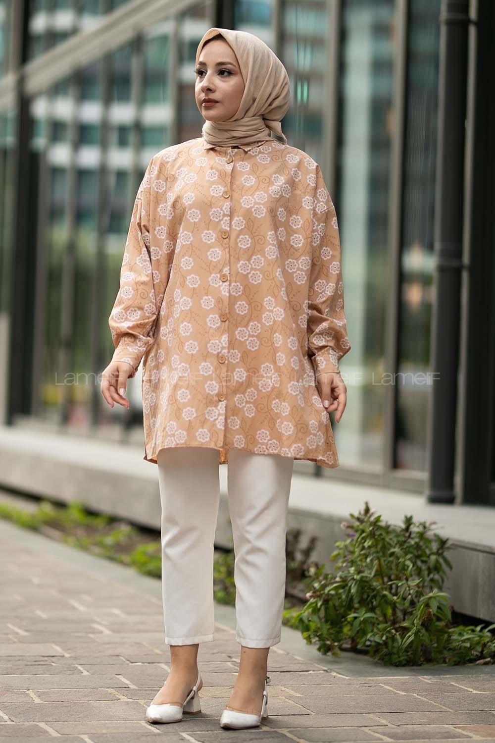 Modalamelif Önü Boydan Düğmeli Çiçek Desenli Yırtmaçlı Tunik Gömlek Sütlükahve