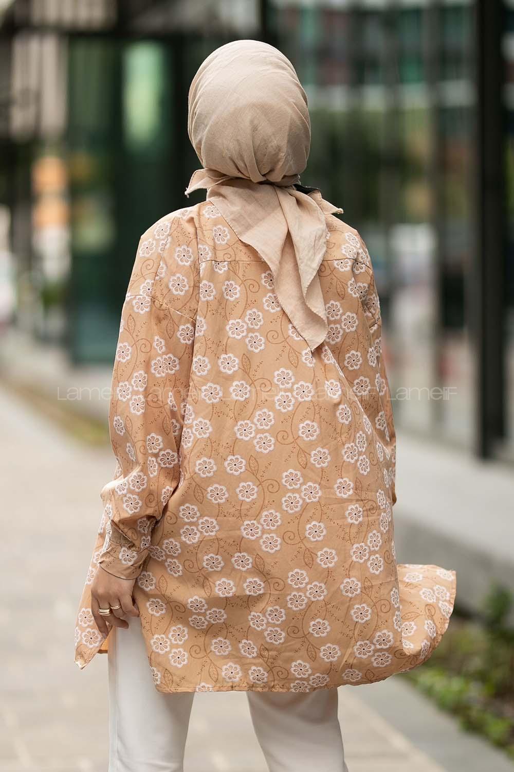 Modalamelif Önü Boydan Düğmeli Çiçek Desenli Yırtmaçlı Tunik Gömlek Sütlükahve