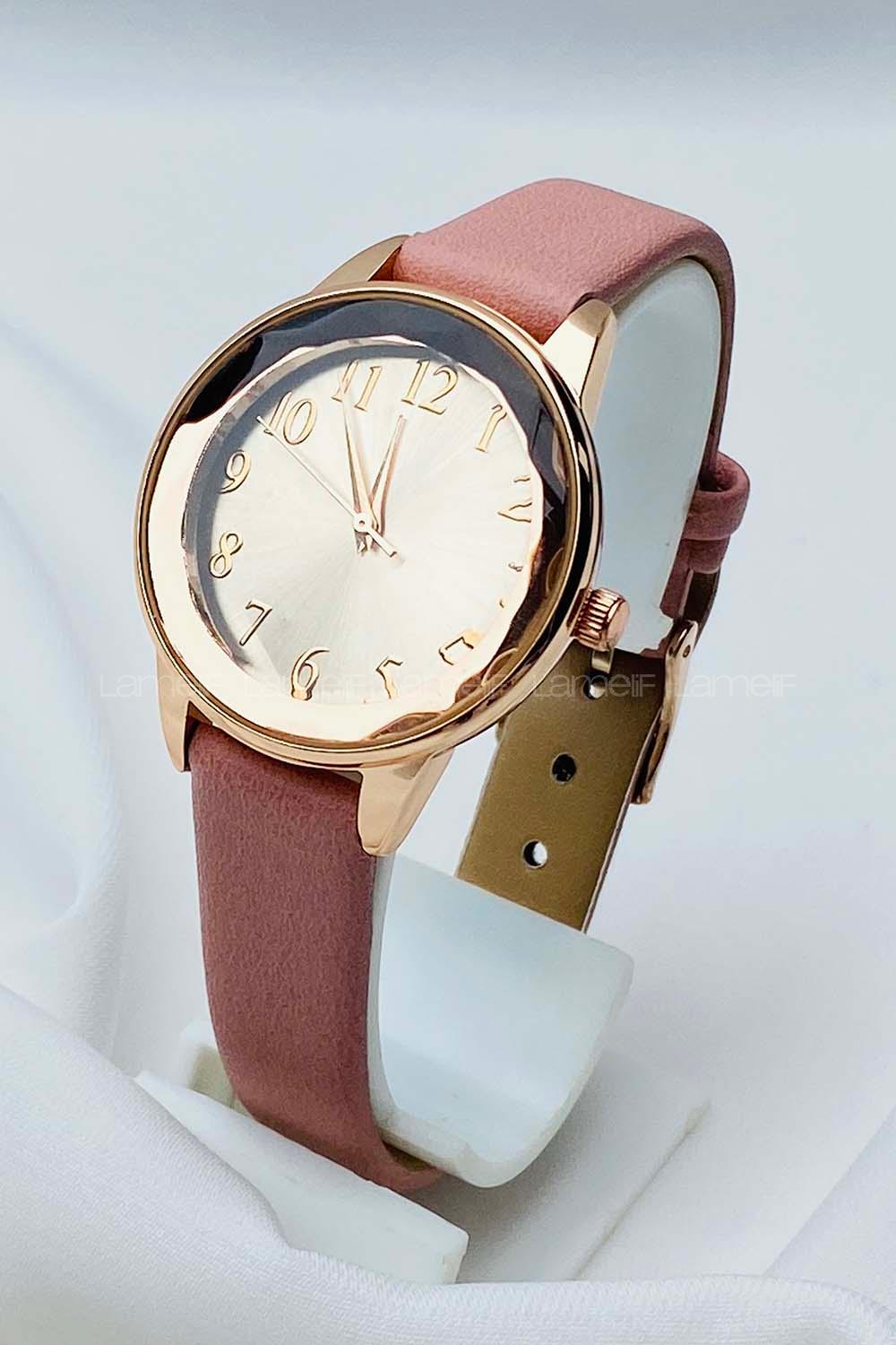 Modalamelif Pembe Deri Kordon Kristal Cam Saat