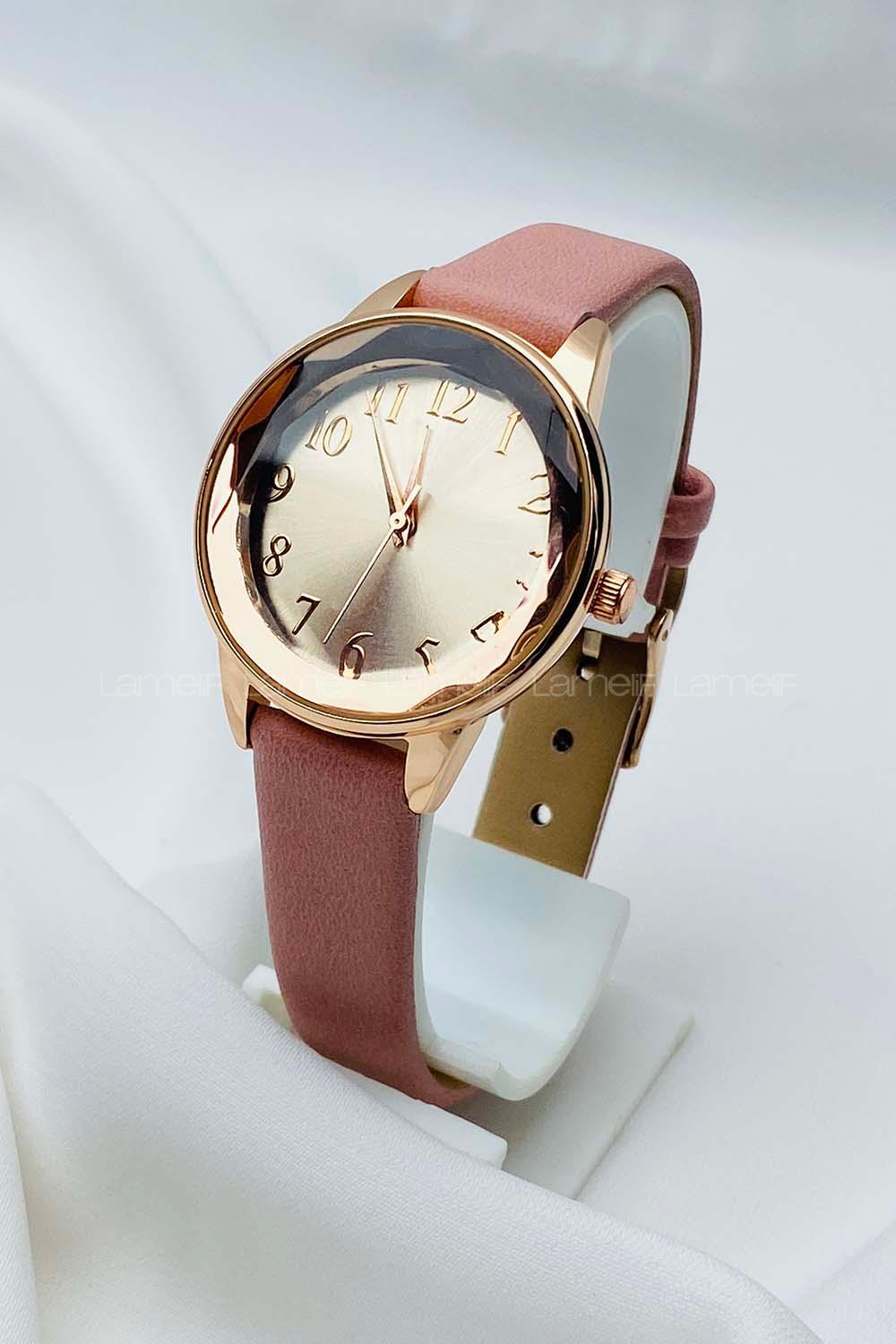 Modalamelif Pembe Deri Kordon Kristal Cam Saat