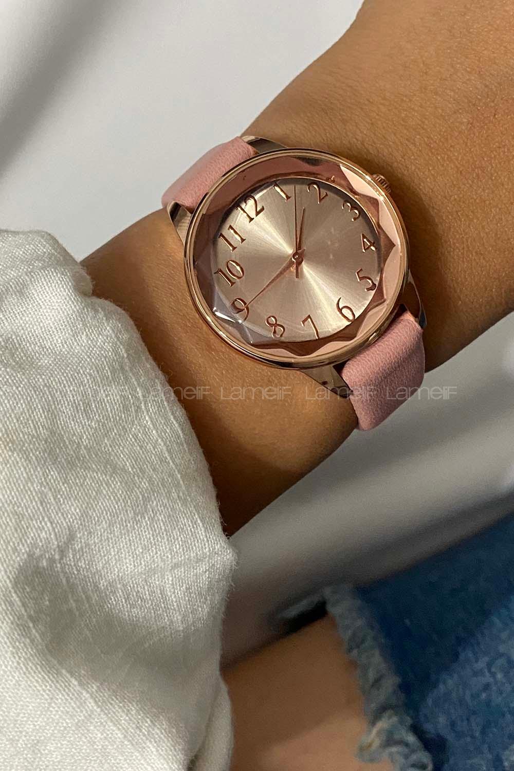 Modalamelif Pembe Deri Kordon Kristal Cam Saat