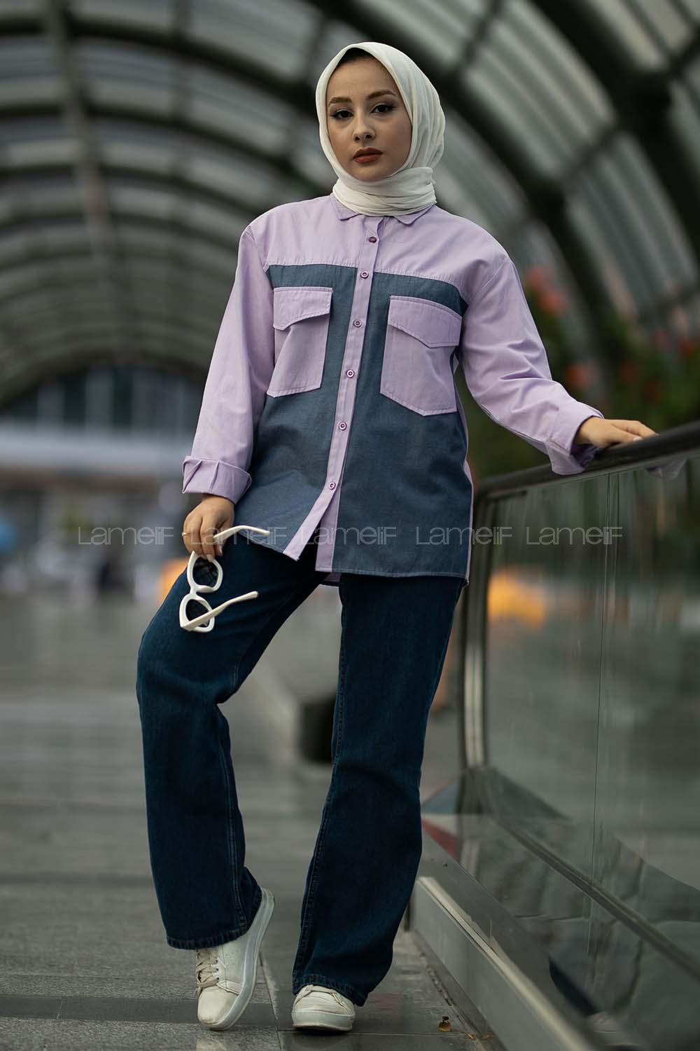 Modalamelif Renk Garnili Çift Kapak Cepli Gömlek Lila