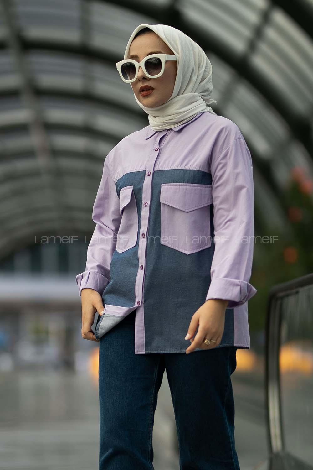 Modalamelif Renk Garnili Çift Kapak Cepli Gömlek Lila