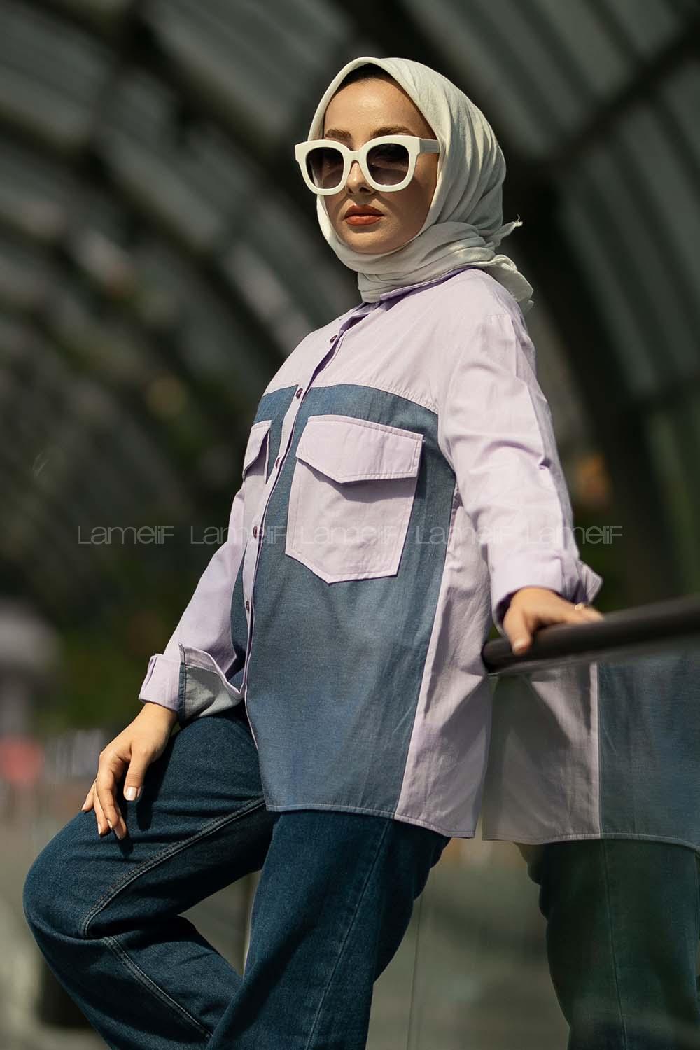 Modalamelif Renk Garnili Çift Kapak Cepli Gömlek Lila