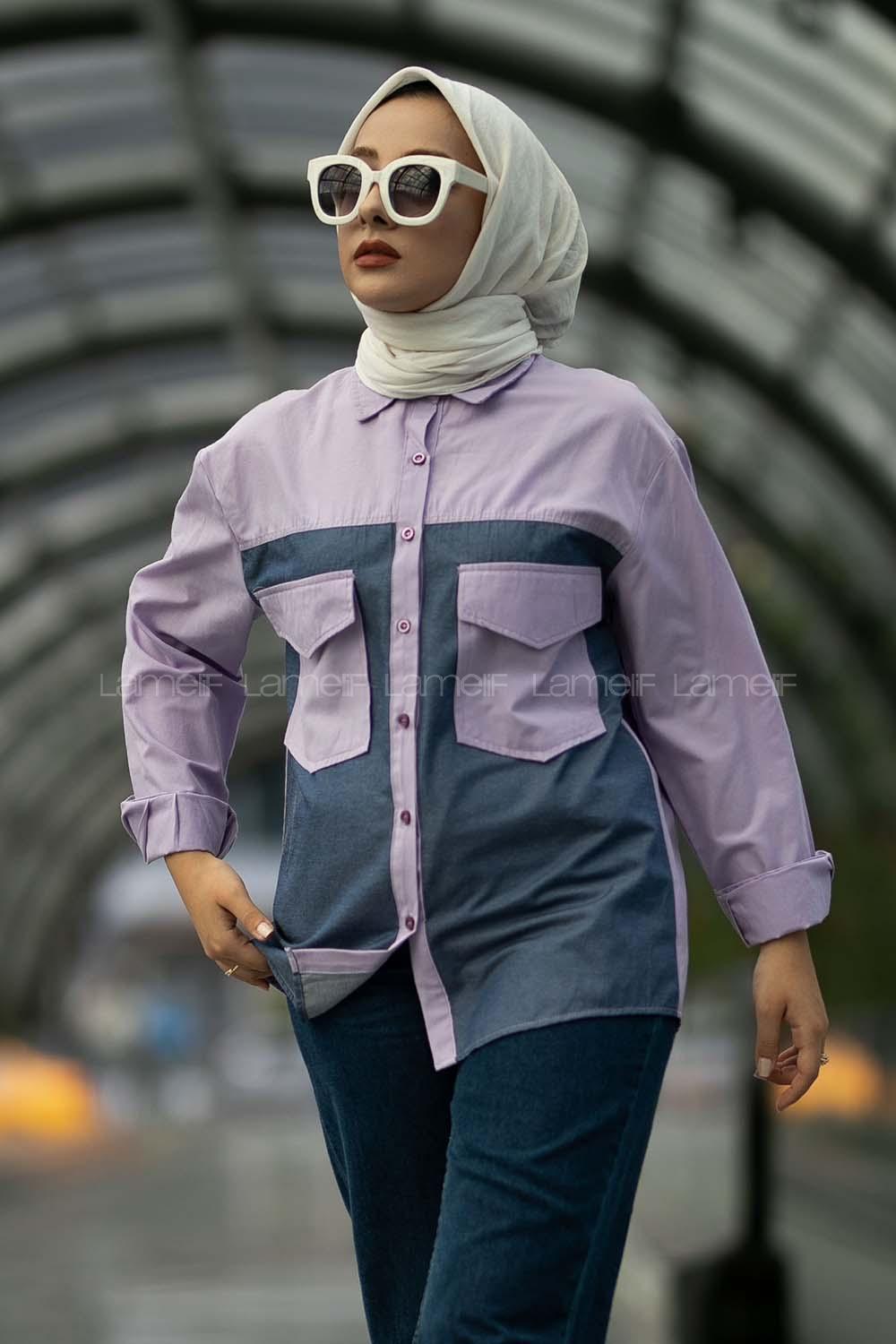 Modalamelif Renk Garnili Çift Kapak Cepli Gömlek Lila