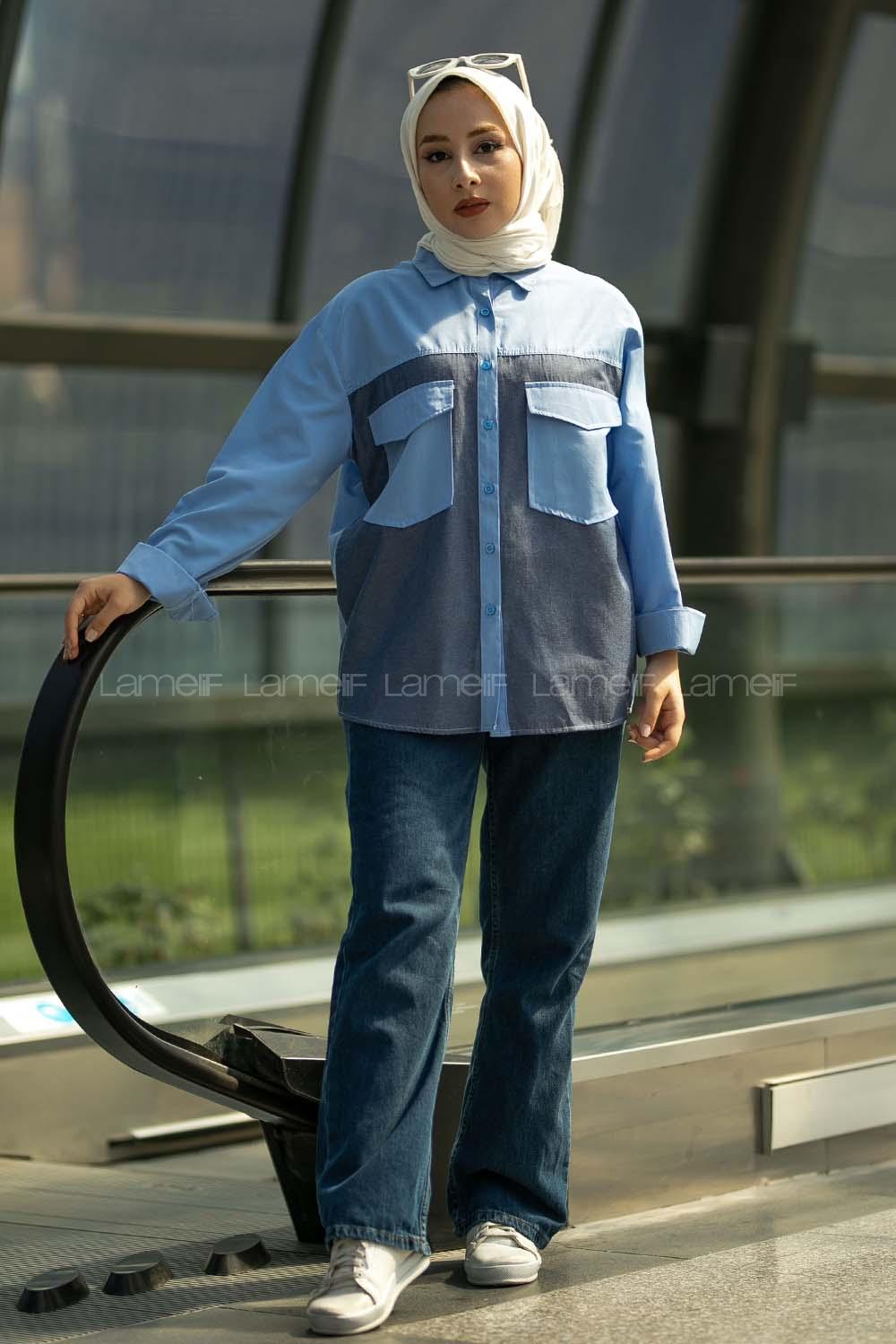 Modalamelif Renk Garnili Çift Kapak Cepli Gömlek Mavi