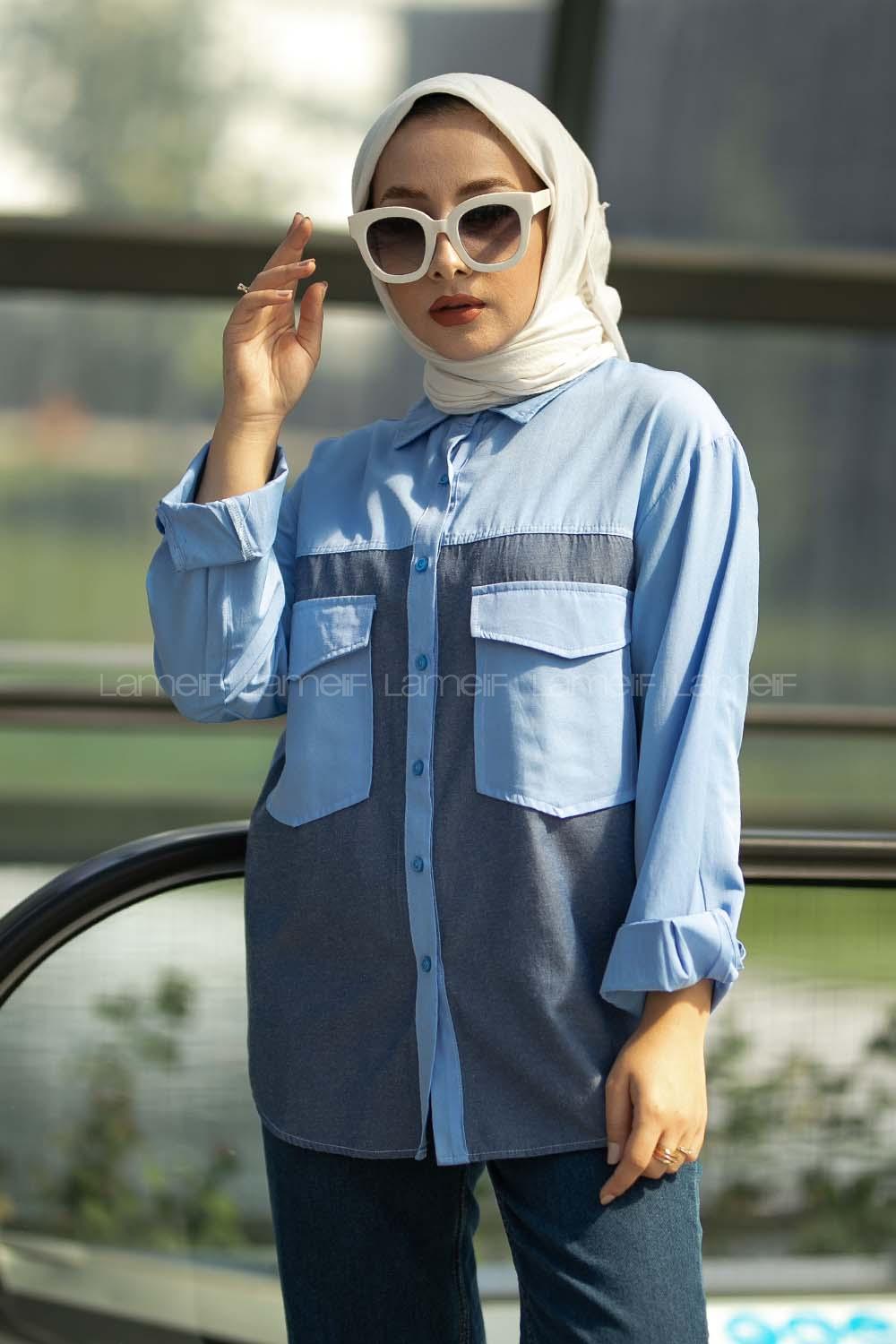 Modalamelif Renk Garnili Çift Kapak Cepli Gömlek Mavi