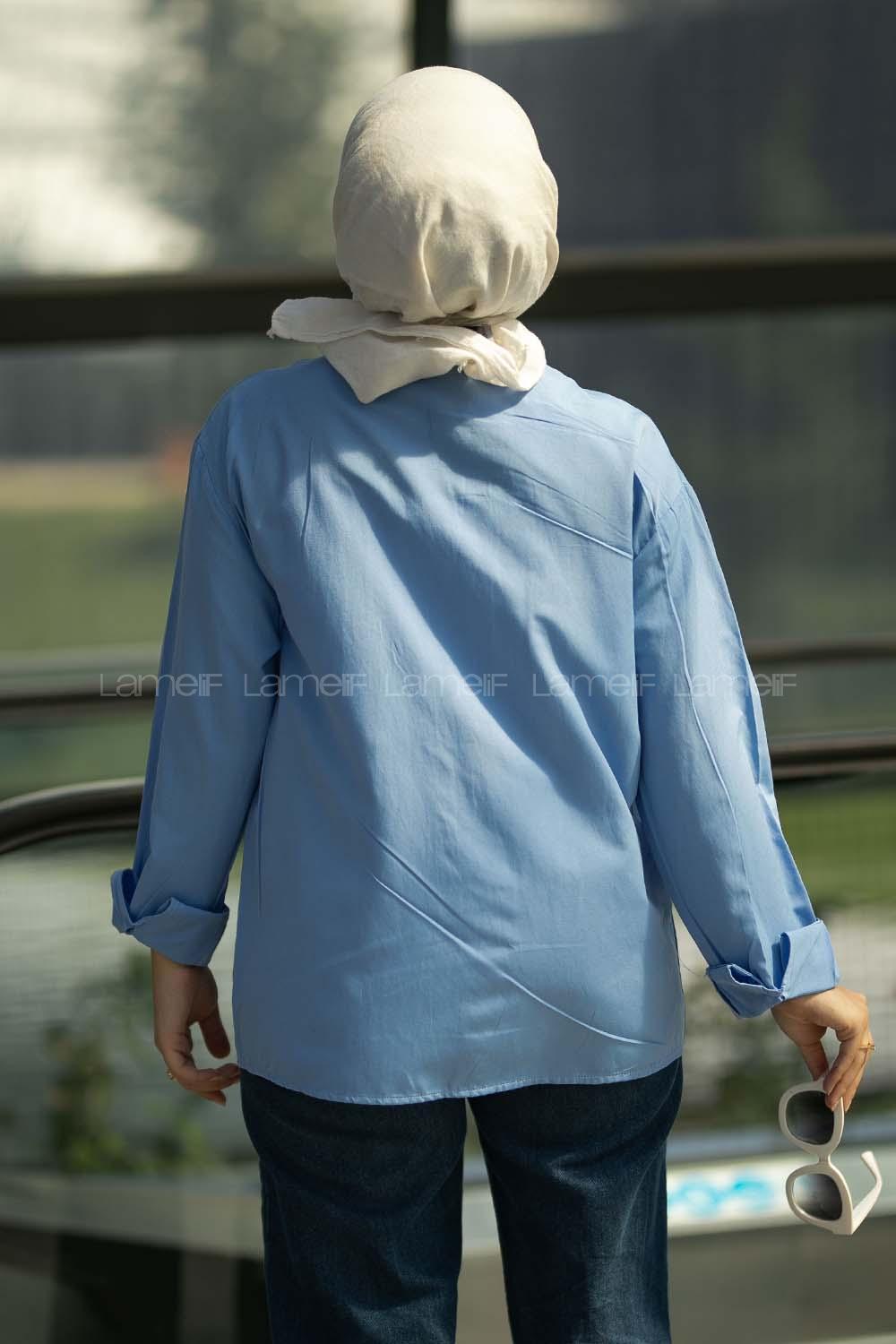 Modalamelif Renk Garnili Çift Kapak Cepli Gömlek Mavi