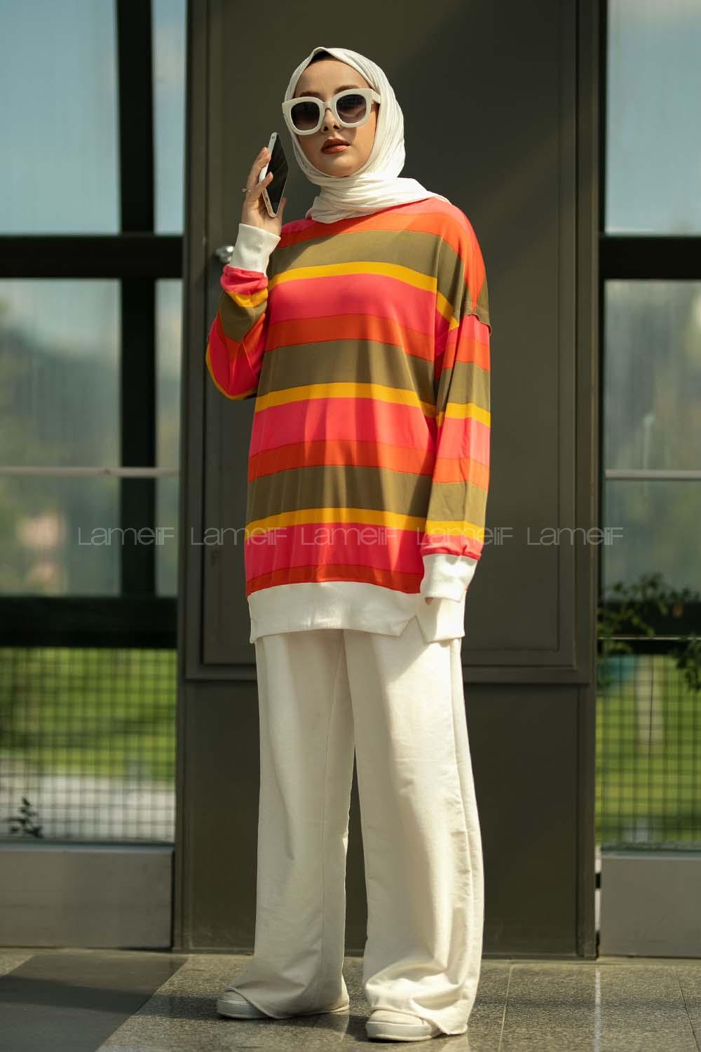 Modalamelif Renk Garnili Şerit Desenli Bisiklet Yaka Sweat Çokrenkli