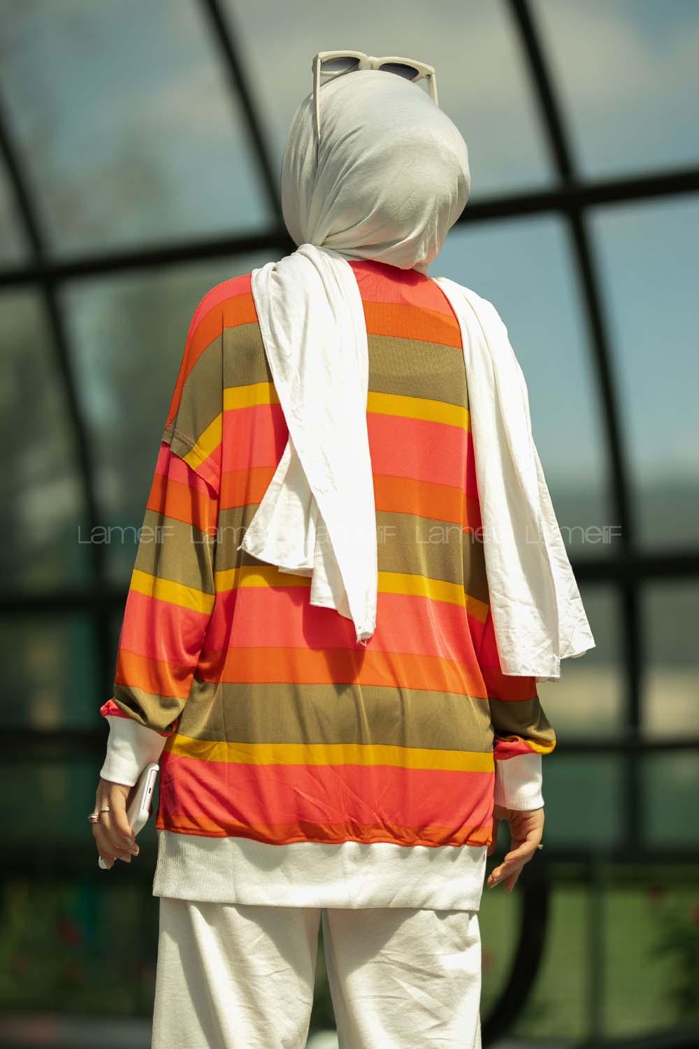 Modalamelif Renk Garnili Şerit Desenli Bisiklet Yaka Sweat Çokrenkli