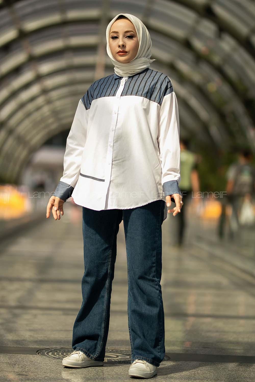 Modalamelif Şerit Çizgi Desenli Önü Boydan Düğmeli  Gömlek Beyaz