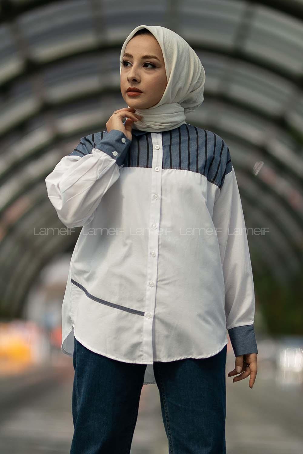 Modalamelif Şerit Çizgi Desenli Önü Boydan Düğmeli  Gömlek Beyaz