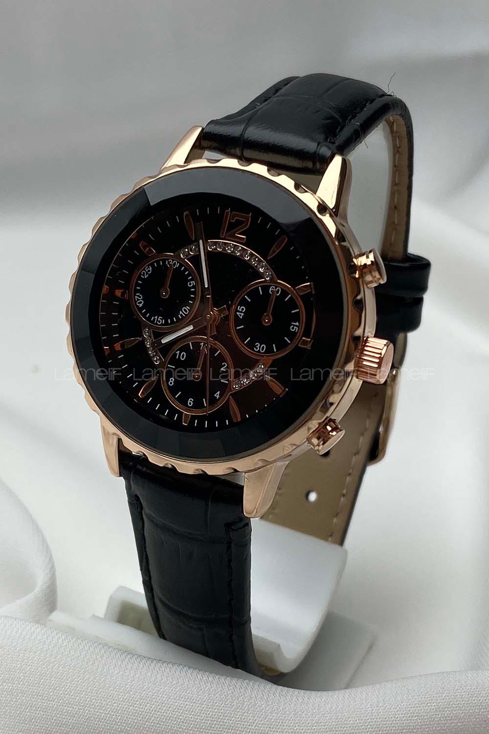 Modalamelif Siyah Deri Kordon Rose Gold Çerçeve Kol Saati