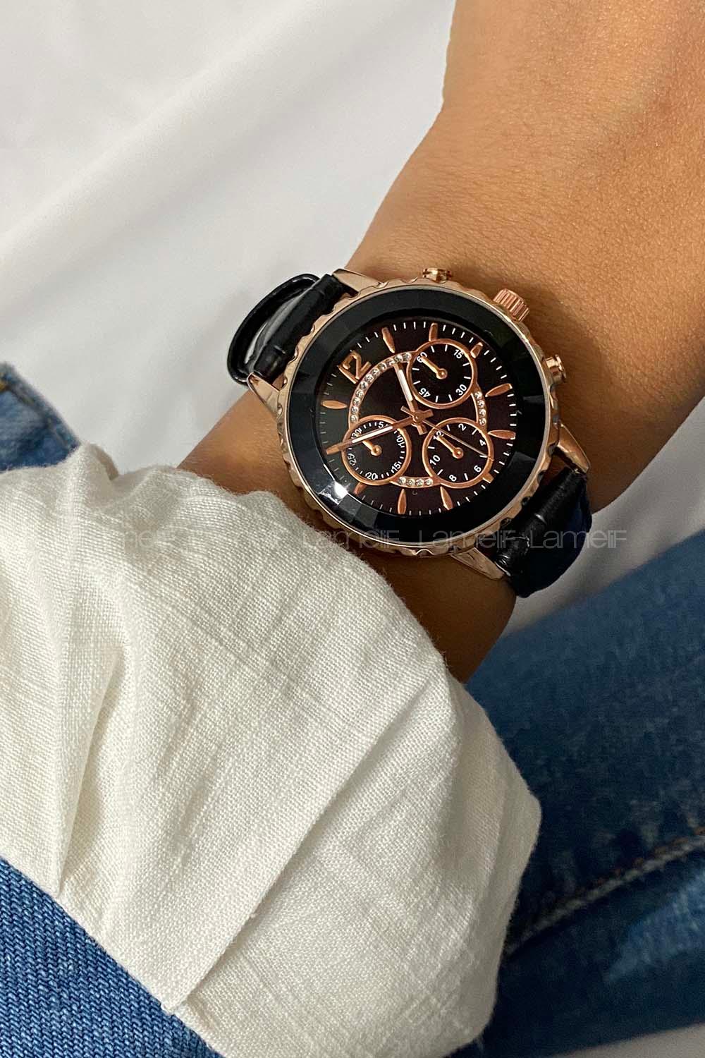 Modalamelif Siyah Deri Kordon Rose Gold Çerçeve Kol Saati