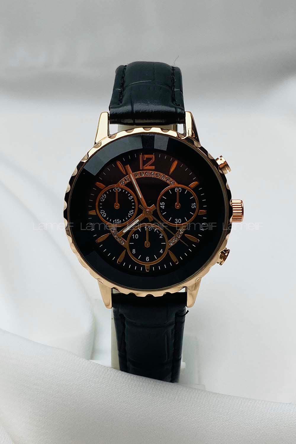 Modalamelif Siyah Deri Kordon Rose Gold Çerçeve Kol Saati