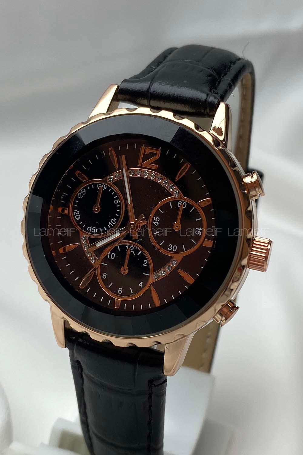 Modalamelif Siyah Deri Kordon Rose Gold Çerçeve Kol Saati