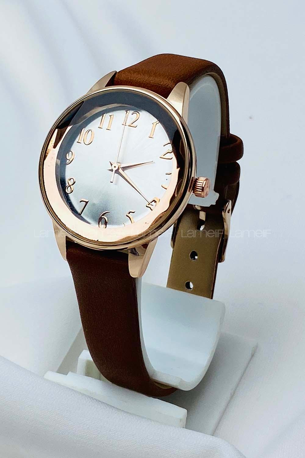 Modalamelif Tarçın Deri Kordon Kristal Cam Saat