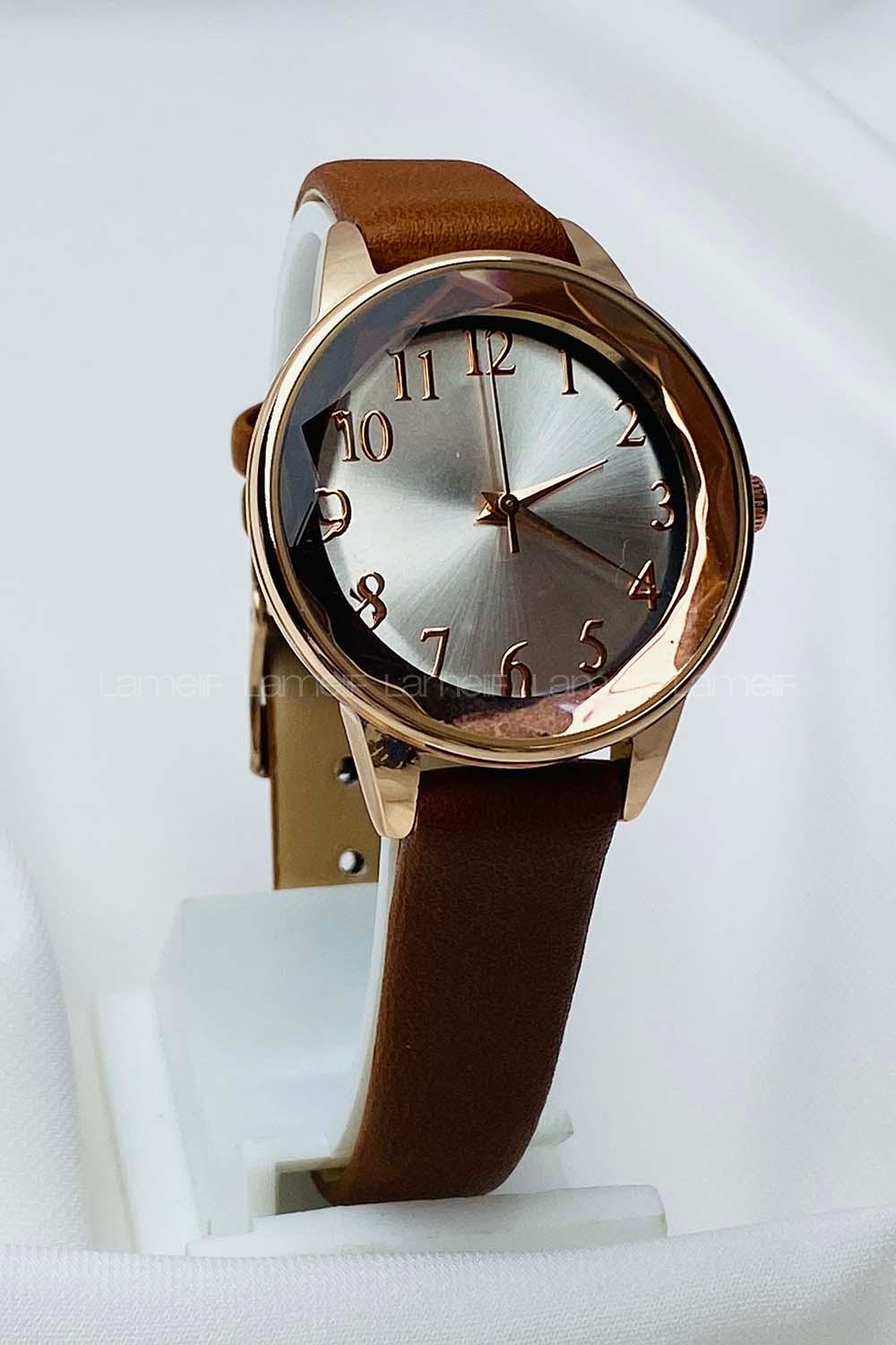 Modalamelif Tarçın Deri Kordon Kristal Cam Saat