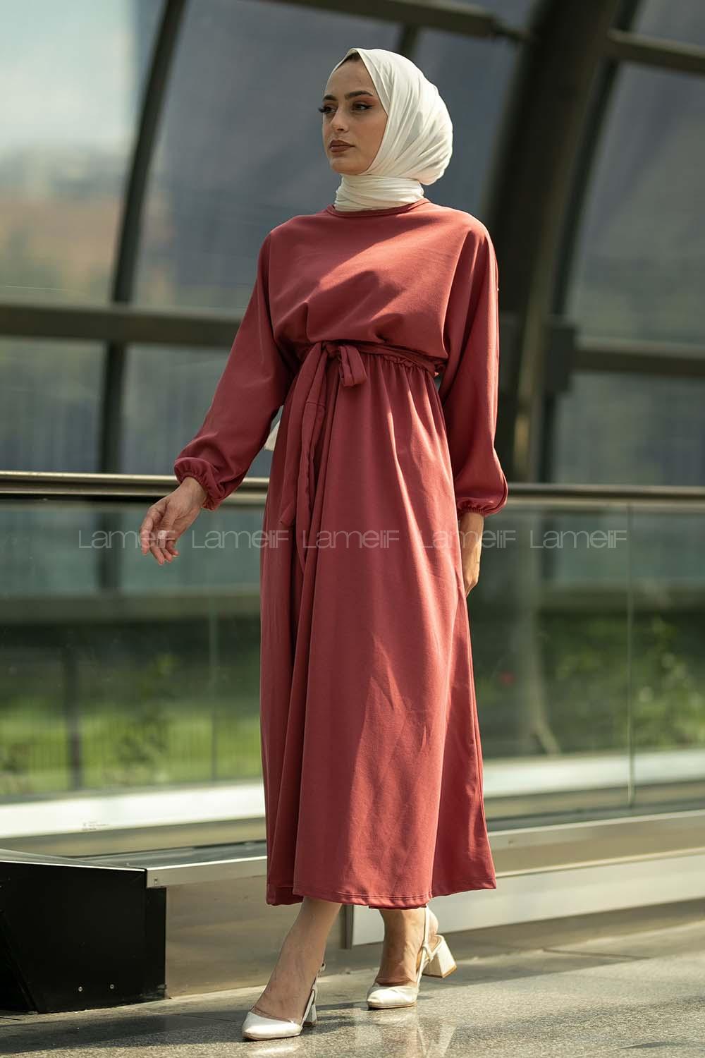 Modalamelif Yara_sa Kol Beli Kuşaklı Elbise Gül