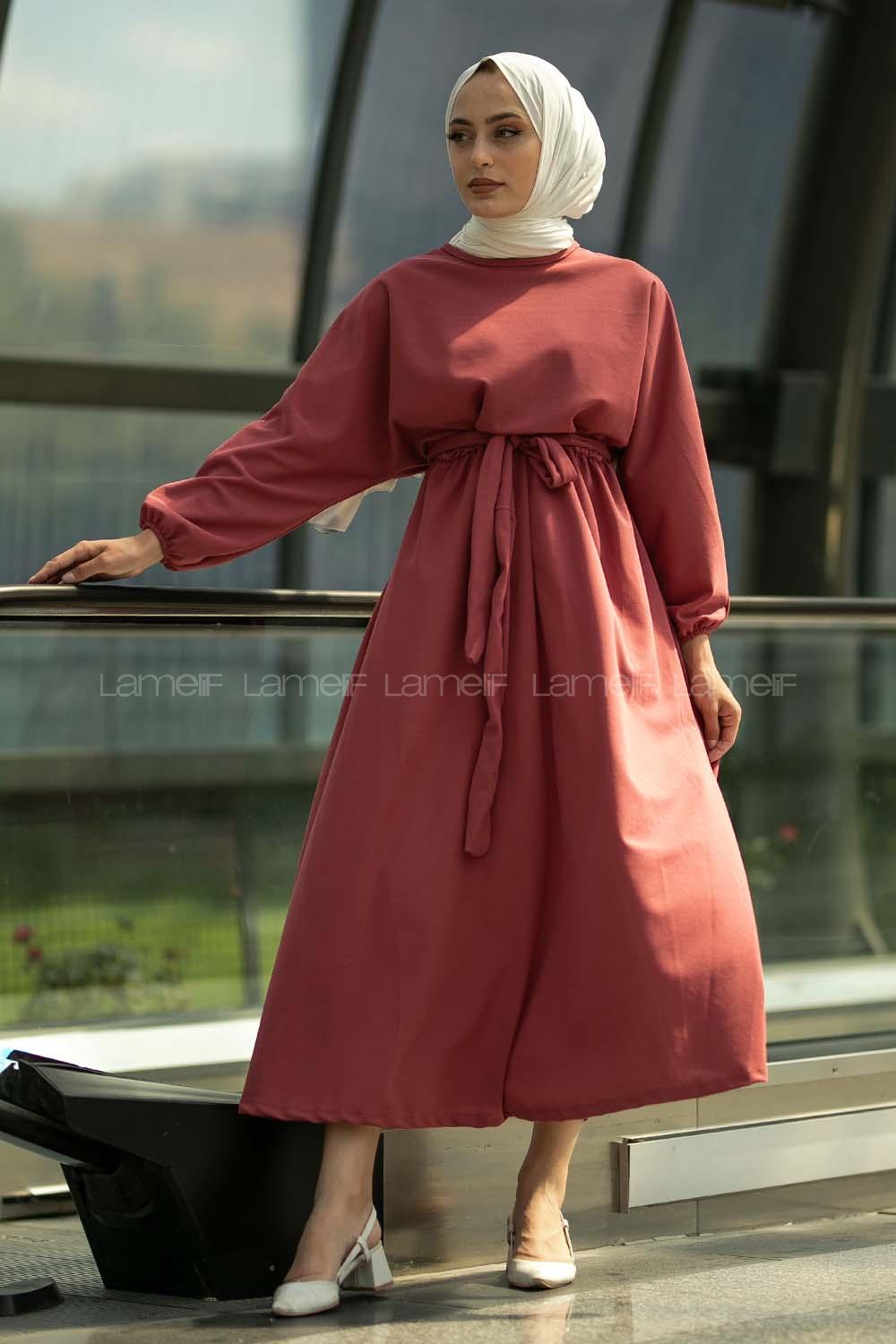 Modalamelif Yara_sa Kol Beli Kuşaklı Elbise Gül