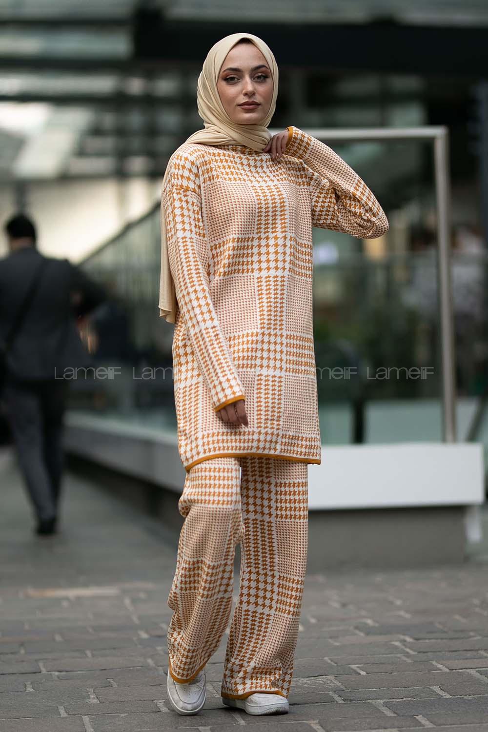 Modalamelif Yarım Balıkçı Yaka Kazayağı Desen Takım Hardal Sarısı