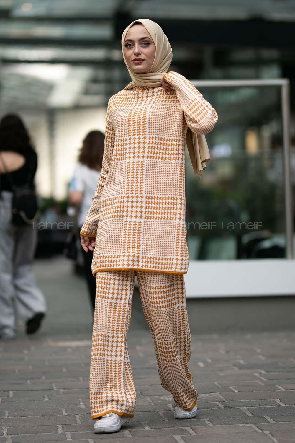 Modalamelif Yarım Balıkçı Yaka Kazayağı Desen Takım Hardal Sarısı