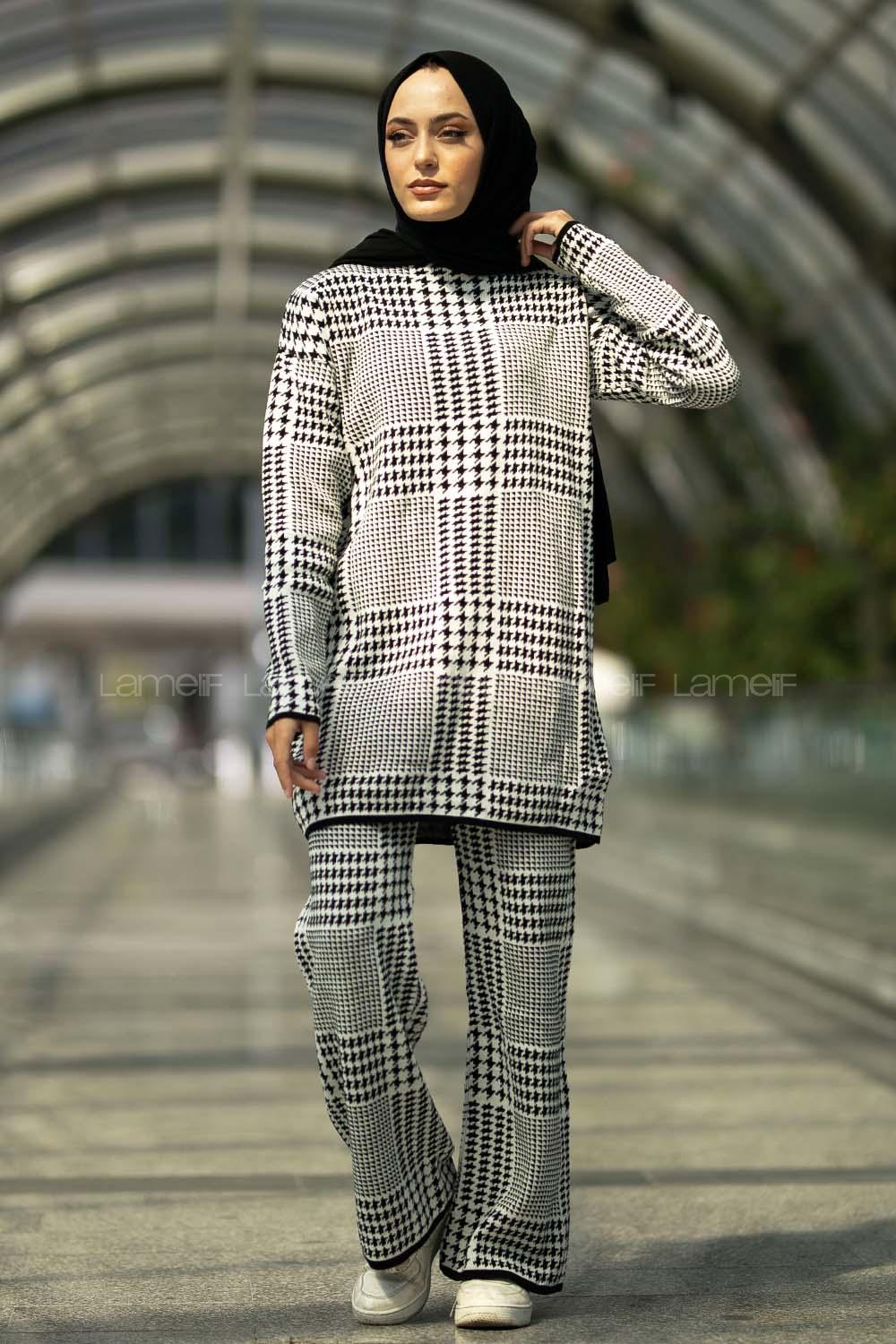 Modalamelif Yarım Balıkçı Yaka Kazayağı Desen Takım Siyah