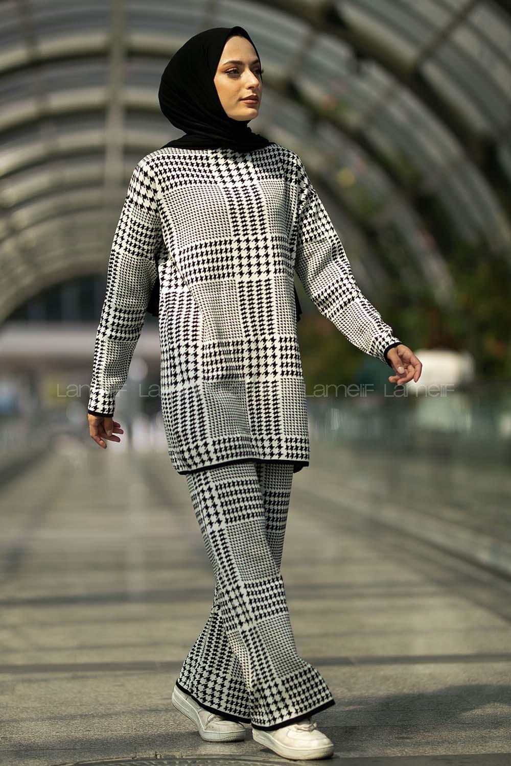 Modalamelif Yarım Balıkçı Yaka Kazayağı Desen Takım Siyah