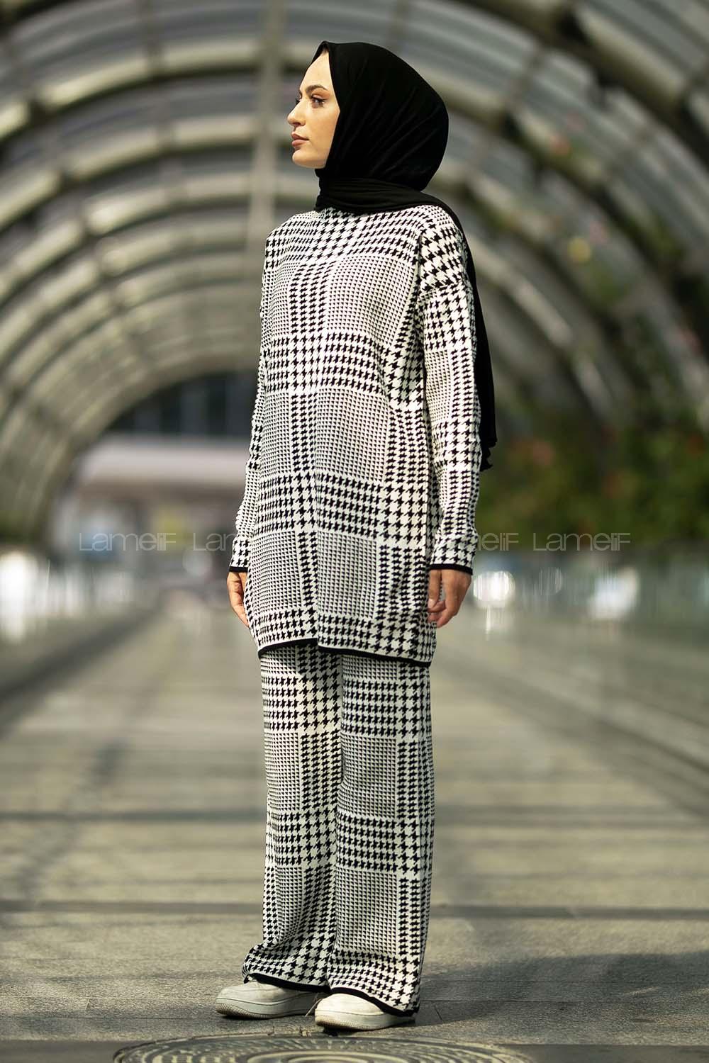 Modalamelif Yarım Balıkçı Yaka Kazayağı Desen Takım Siyah