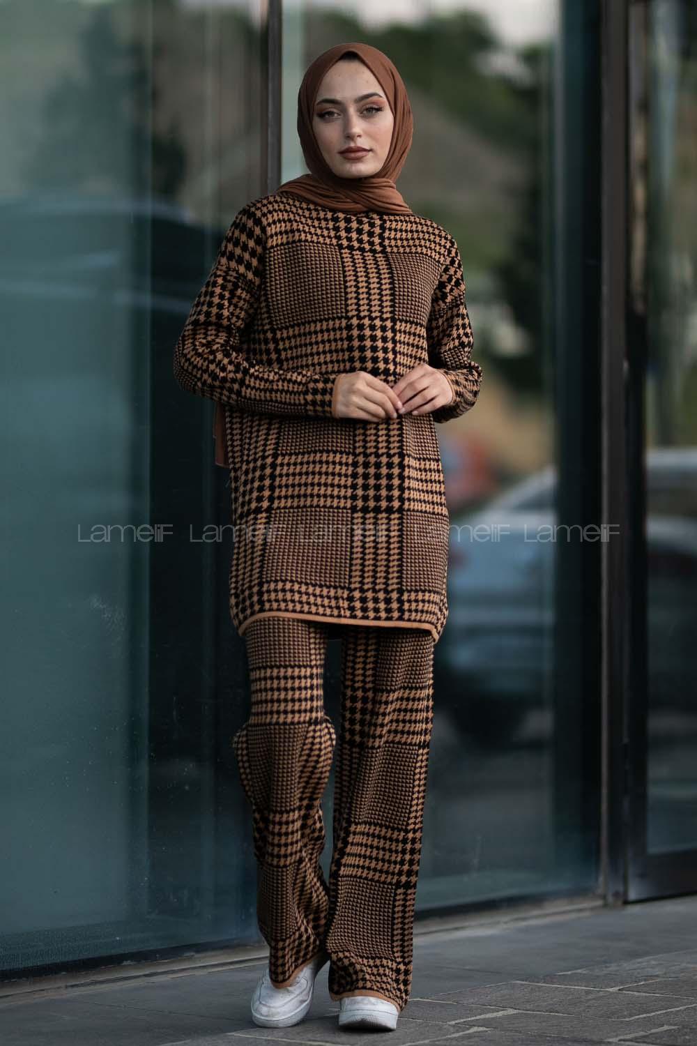 Modalamelif Yarım Balıkçı Yaka Kazayağı Desen Takım Sütlü Kahve