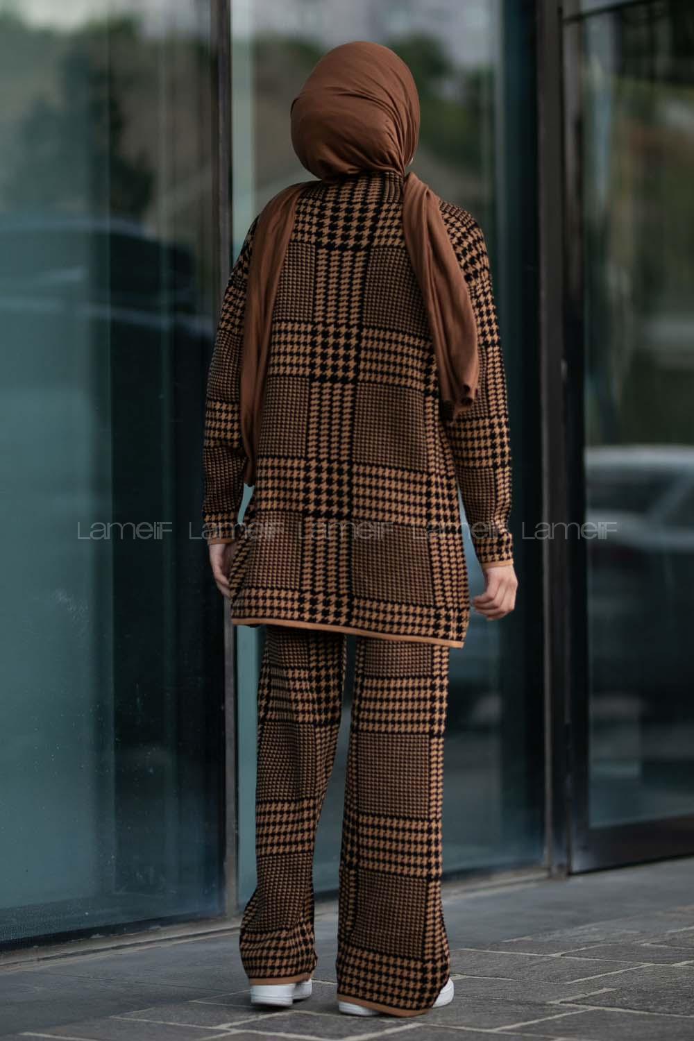 Modalamelif Yarım Balıkçı Yaka Kazayağı Desen Takım Sütlü Kahve