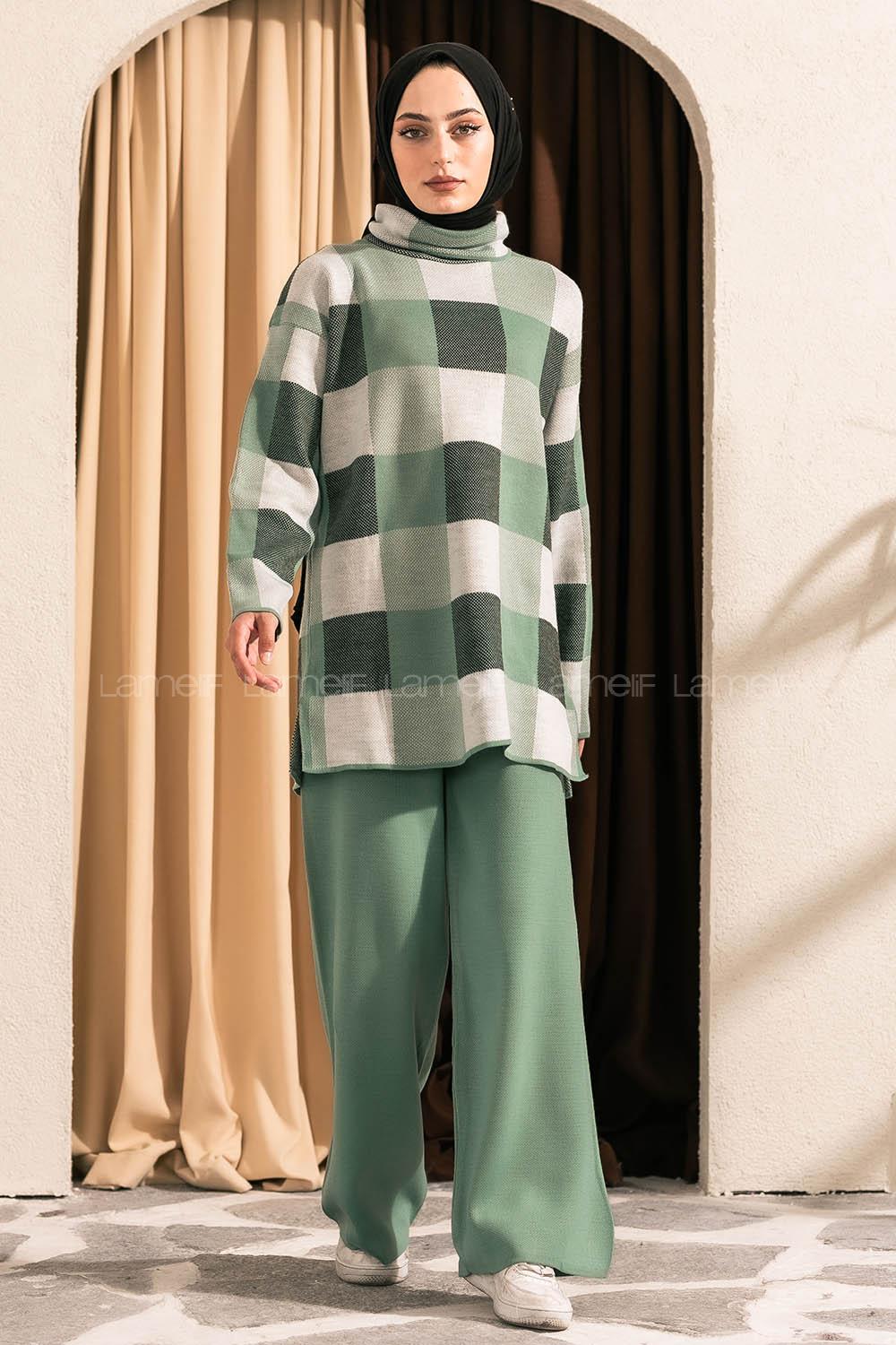 Modalamelif Balıkçı Yaka Kareli Takım Çağla Yeşili