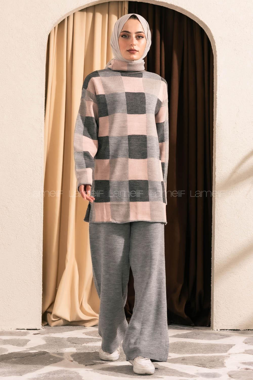 Modalamelif Balıkçı Yaka Kareli Takım Gri-Pudra