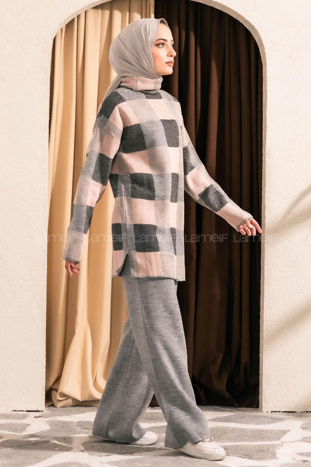 Modalamelif Balıkçı Yaka Kareli Takım Gri-Pudra