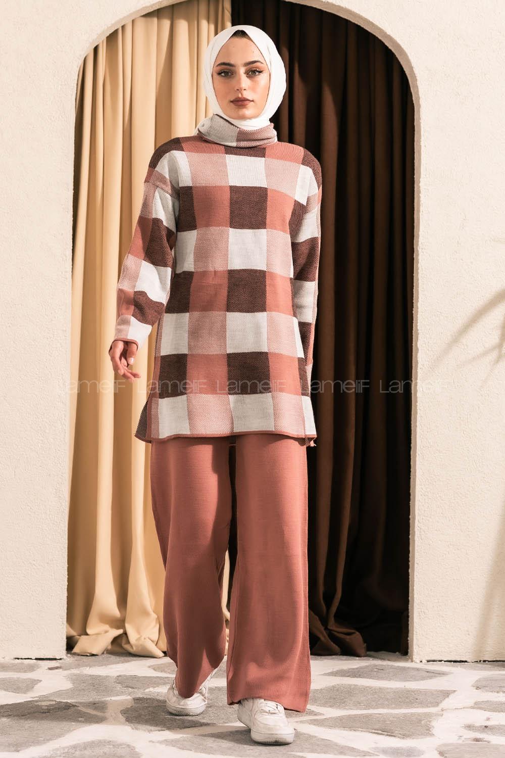 Modalamelif Balıkçı Yaka Kareli Takım Gül Rengi