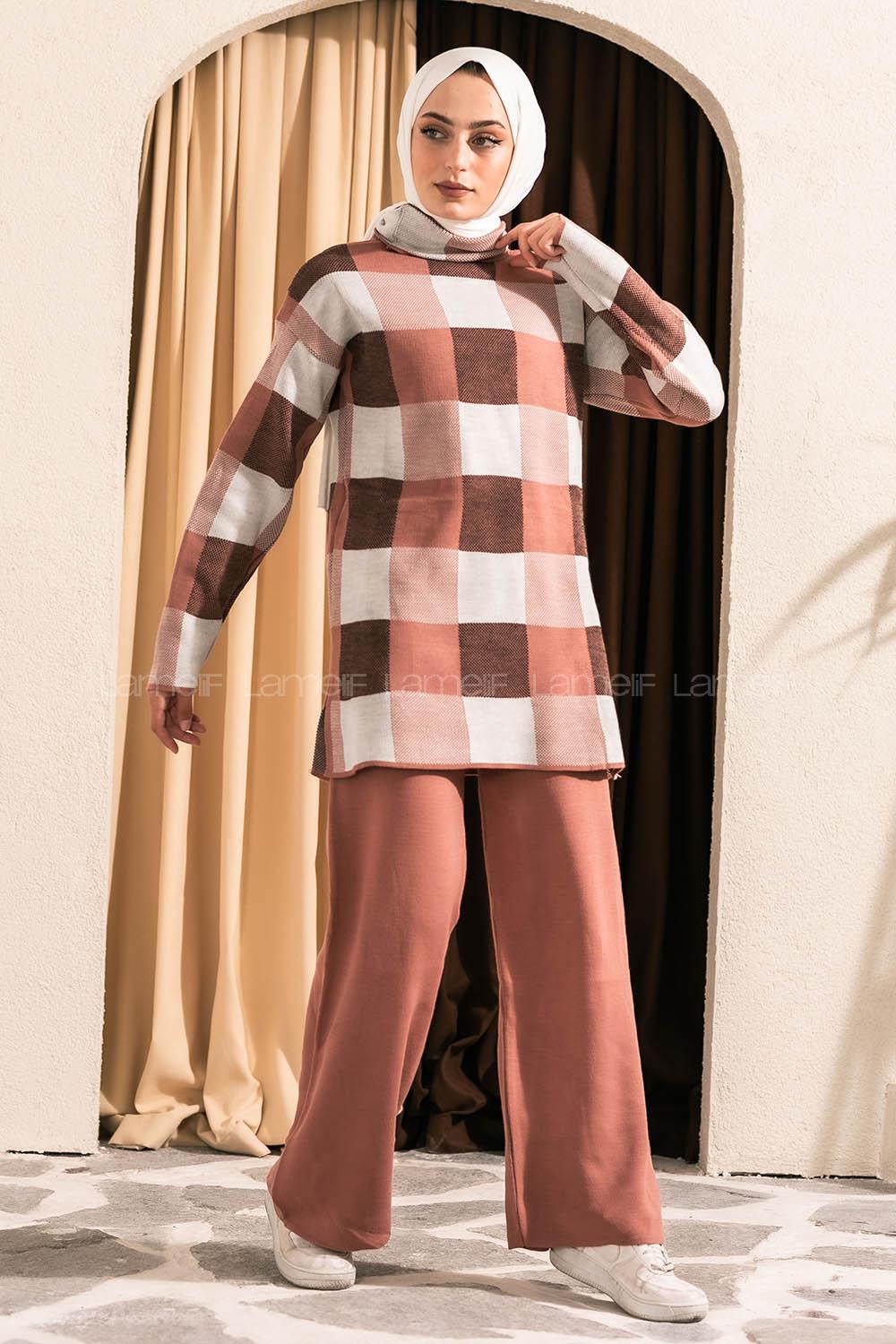 Modalamelif Balıkçı Yaka Kareli Takım Gül Rengi